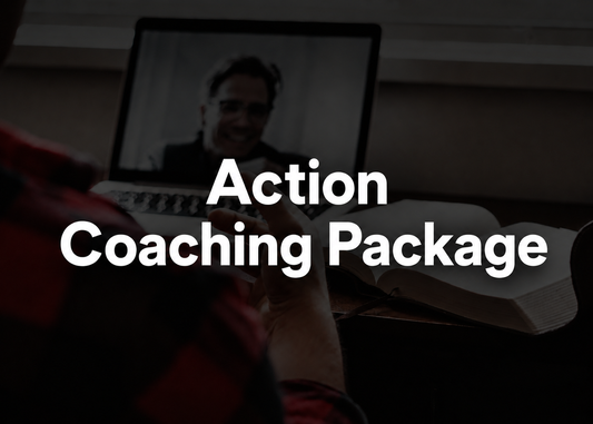Promotional graphic for an 'Action Coaching Package' featuring a dark overlay with white text over a dimly lit scene of a person on a laptop video call and an open notebook.