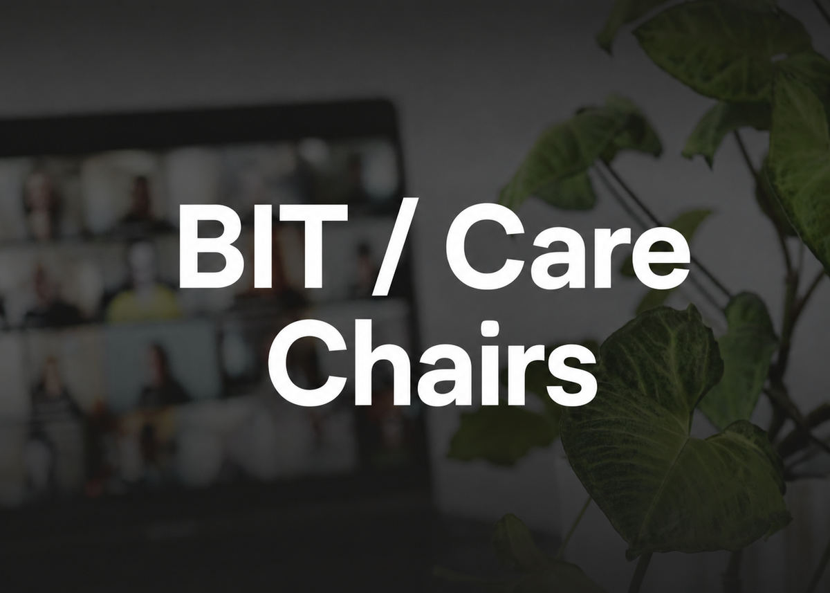 Promotional graphic with the text 'BIT / Care Chairs' in large white font over a dimly lit interior scene with a blurred chair and green leaves in the foreground.