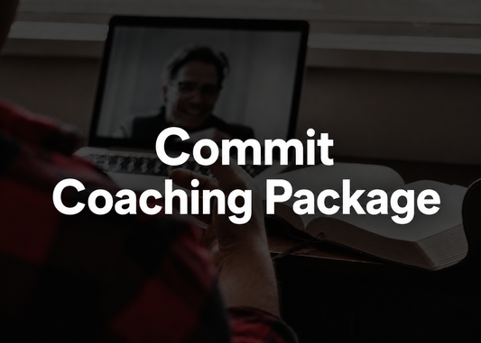 A promotional graphic for a 'Commit Coaching Package' featuring a dark overlay with white text over a dimly lit scene of a person using a laptop and holding a notebook.