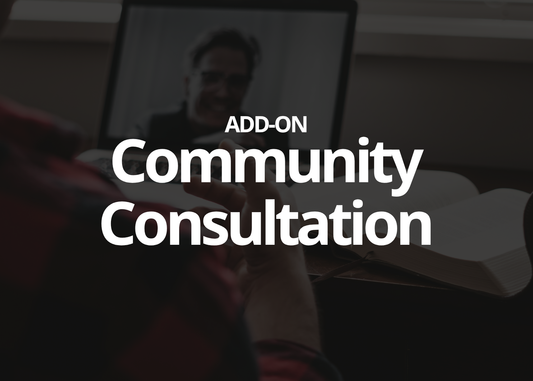 Promotional graphic for an 'ADD-ON Community Consultation' with large white text overlaid on a dim, blurred background showing a person at a desk with a laptop and notebook.