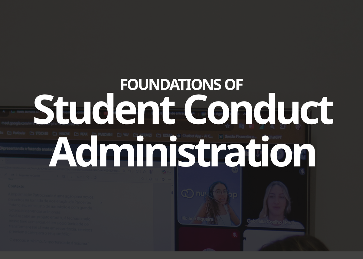 A dark promotional graphic with large white text reading 'FOUNDATIONS OF Student Conduct Administration' over a blurred video conference screen showing two women.
