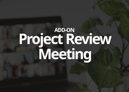 Promotional graphic with the text 'ADD-ON Project Review Meeting' in large white font over a dim office background featuring a blurred video conference screen and green plant leaves.