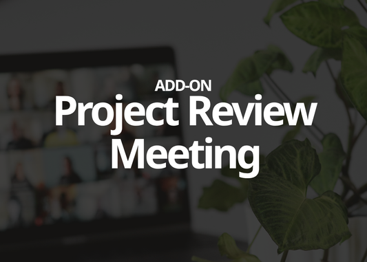 Promotional graphic with the text 'ADD-ON Project Review Meeting' in large white font over a dim office background featuring a blurred video conference screen and green plant leaves.