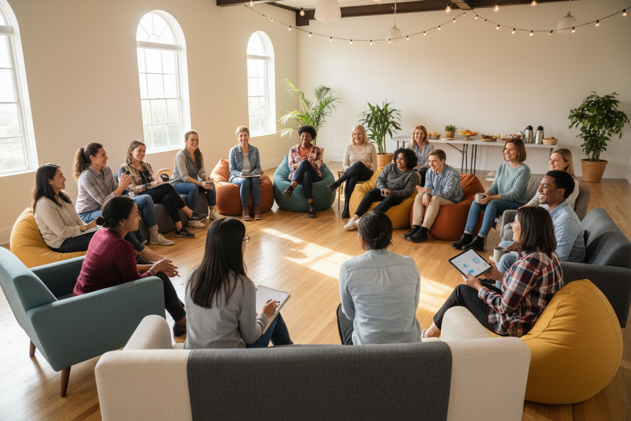 casual town hall meeting with diverse group sitting on casual seating in a circle aged 19-60