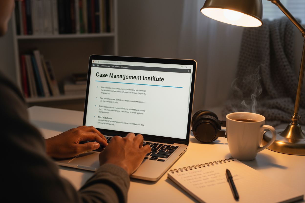 keep everything but make the computer screen read case management institute and more of a zoom room with a slide deck showing no humans
