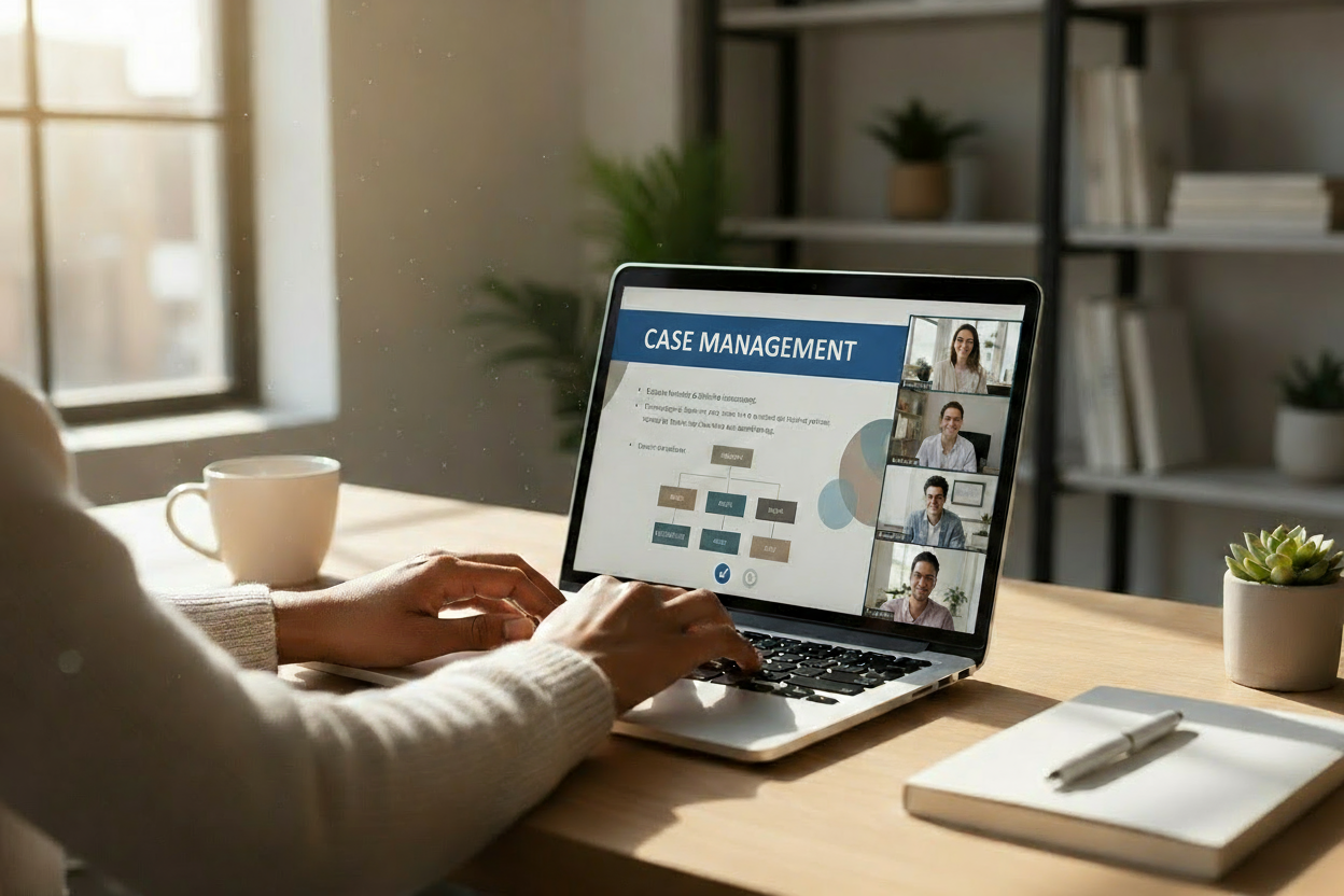 keep this image but change the laptop display to the title case management and make the human displayed in the zoom window more diverse